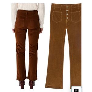 NWT MAJE Exposed Button Flare Leg Corduroy Pants CARAMEL, Size 2 US / 34 FR